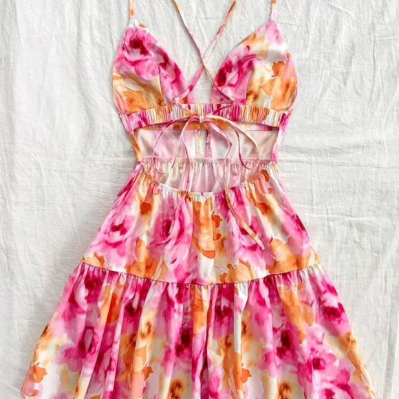 Soleia Floral Printed Spaghetti Strap Backless A-Line Swing Dress For - Picture 2 of 5